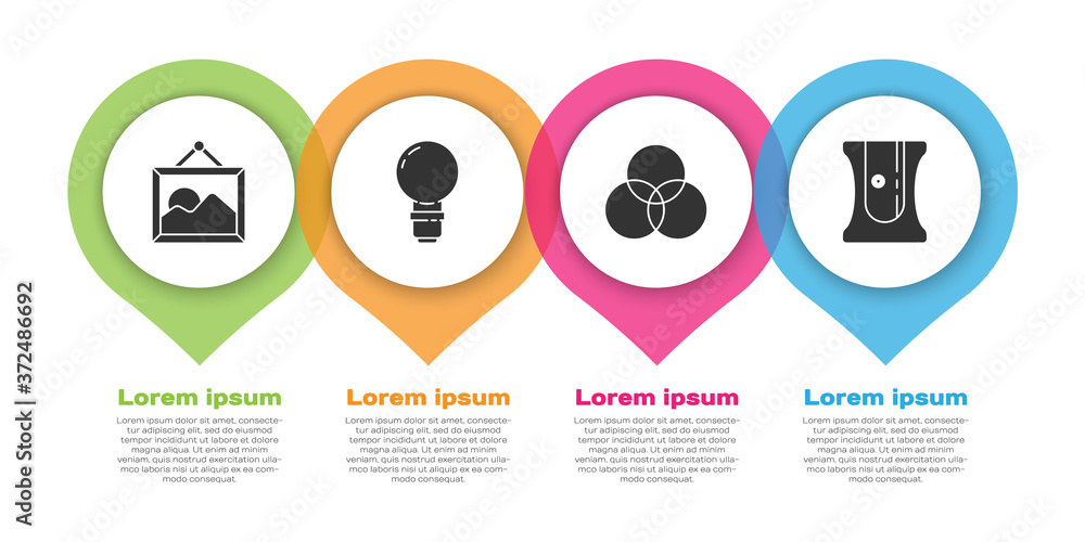 Set Picture landscape, Light bulb, RGB and CMYK color mixing and Pencil sharpener. Business infograp