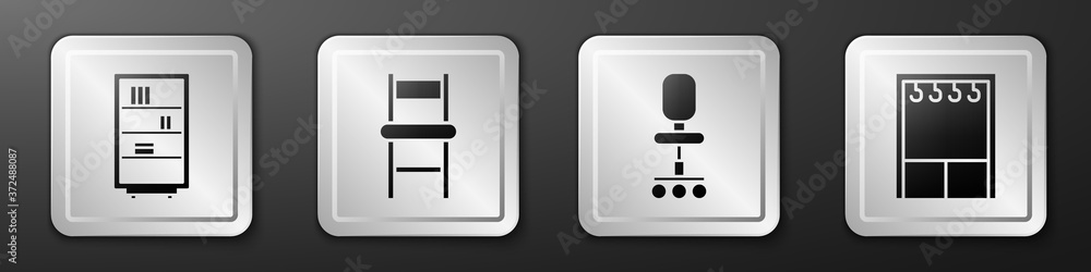 设置图书馆书架、椅子、办公椅和衣橱图标。银色方形按钮。矢量。