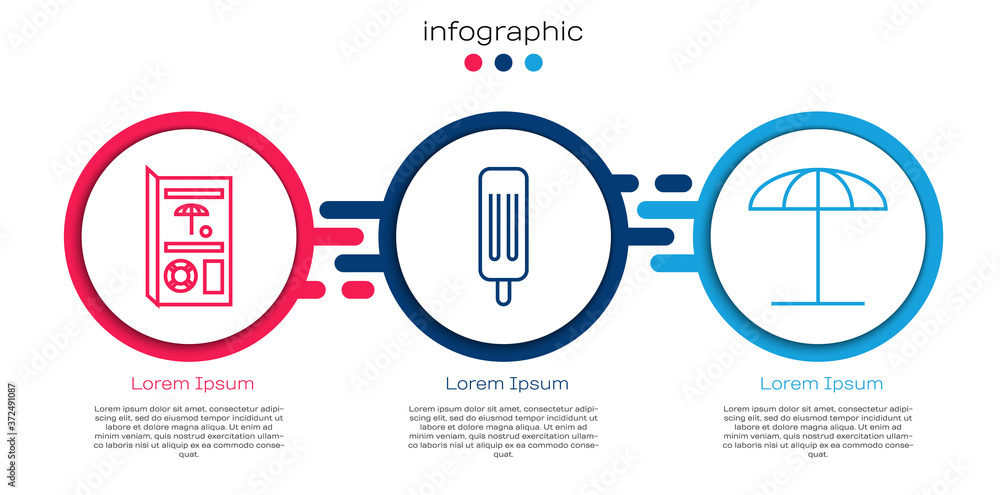 设置线路旅游手册，海滩冰淇淋和防晒伞。商业信息图温度
