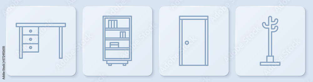 固定办公桌、闭门、图书馆书架和衣帽架。白色方形按钮。矢量。