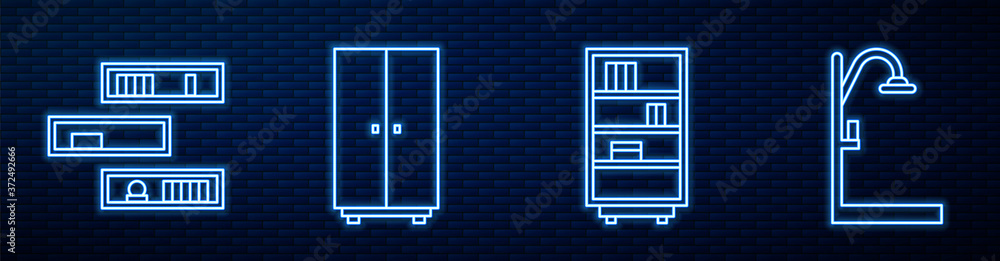 图书馆书架、书架、衣柜和淋浴。砖墙上闪闪发光的霓虹灯图标。