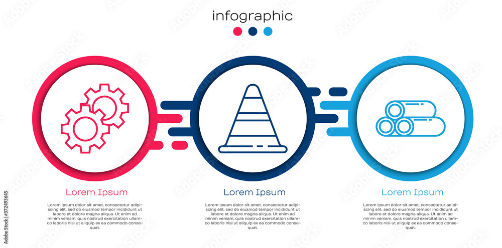 设置线齿轮、交通锥和工业金属管。商业信息图模板。矢量。
