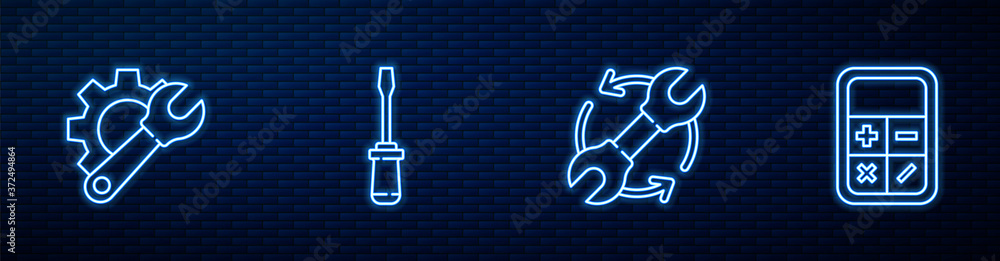 Set line Wrench and arrows as workflow, spanner gear, Screwdriver and Calculator. Glowing neon icon 