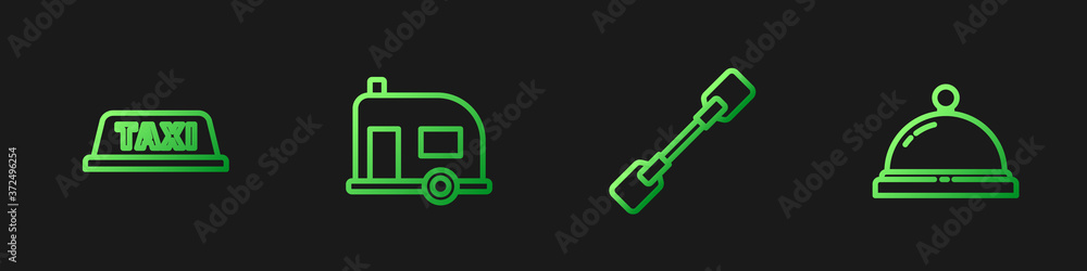 Set line Paddle, Taxi car roof, Rv Camping trailer and Hotel service bell. Gradient color icons. Vec