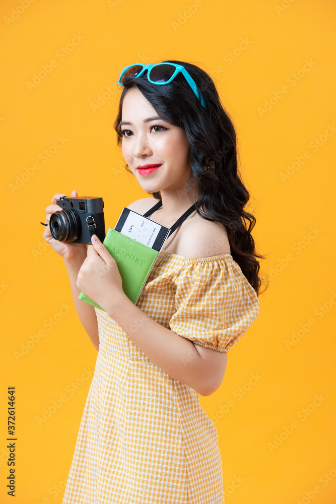 woman tourist photographer hipster retro camera full length portrait