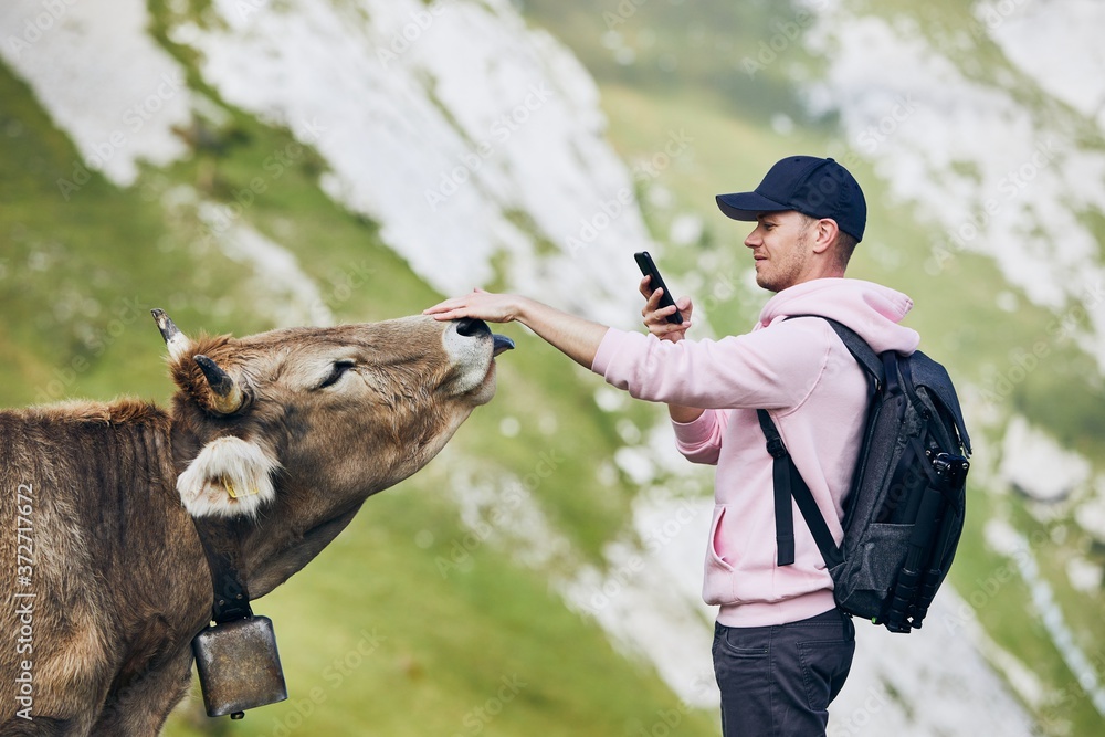 山里有奶牛的快乐旅行家