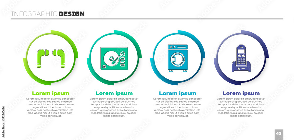 Set Air耳机，乙烯基播放器，洗衣机和电话。商业信息图模板。矢量。