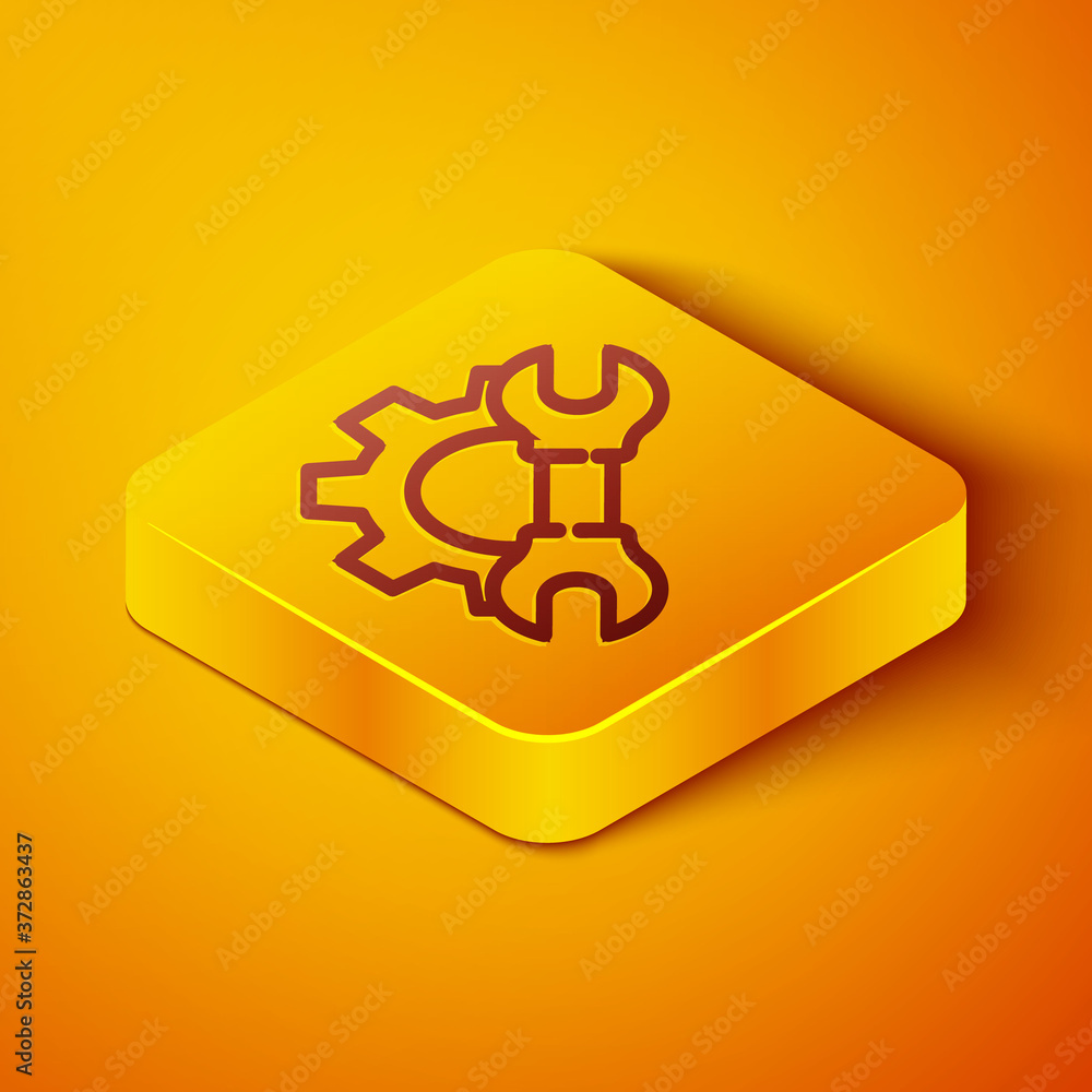 Isometric line Wrench spanner and gear icon isolated on orange background. Adjusting, service, setti