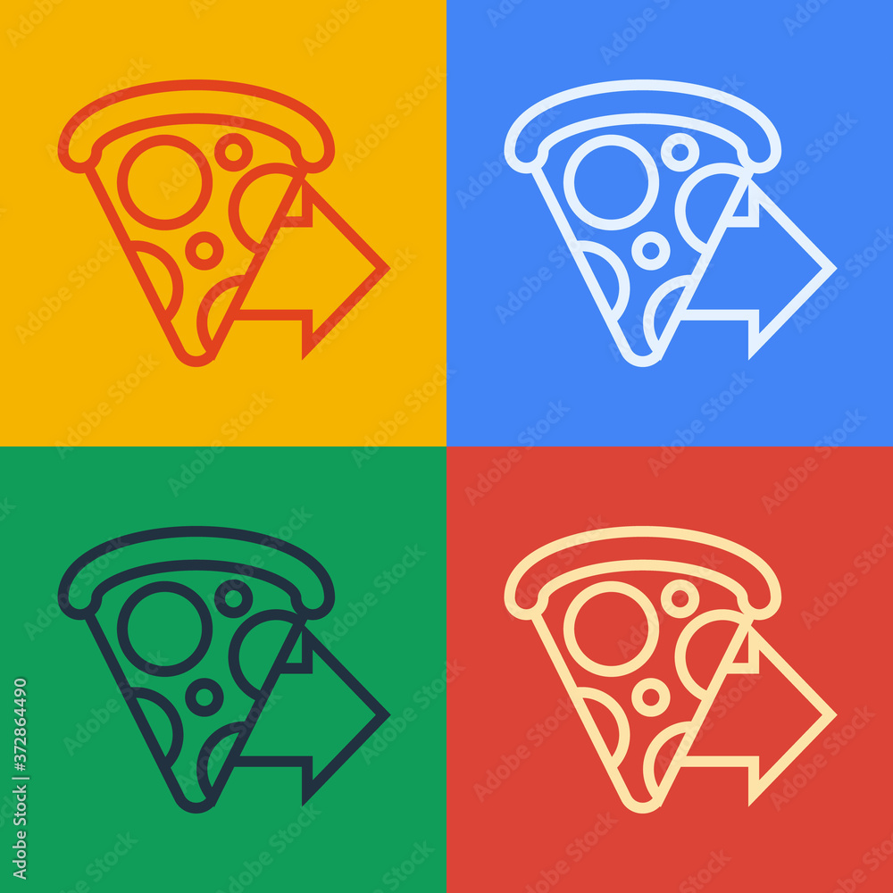 Pop art line Online ordering and fast pizza delivery icon isolated on color background. Vector Illus