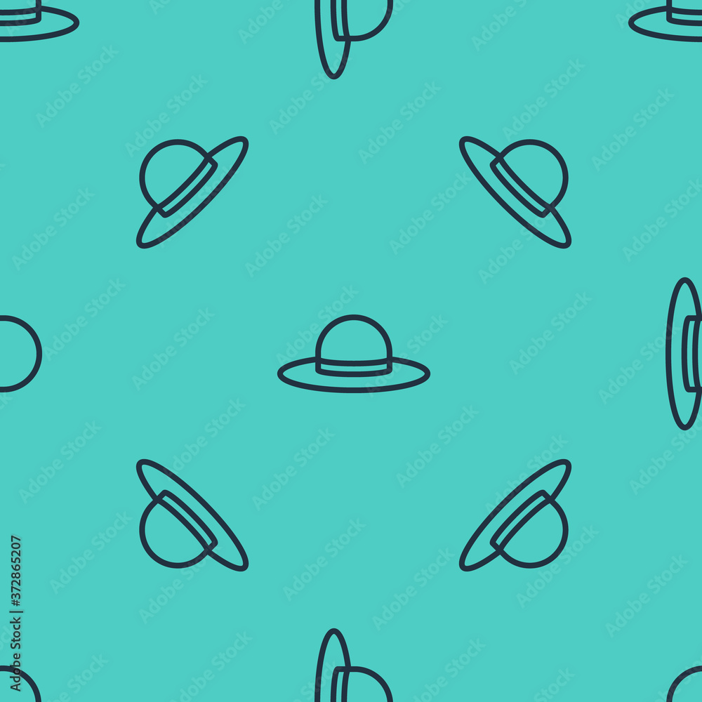 Black line Elegant women hat icon isolated seamless pattern on green background. Vector Illustration