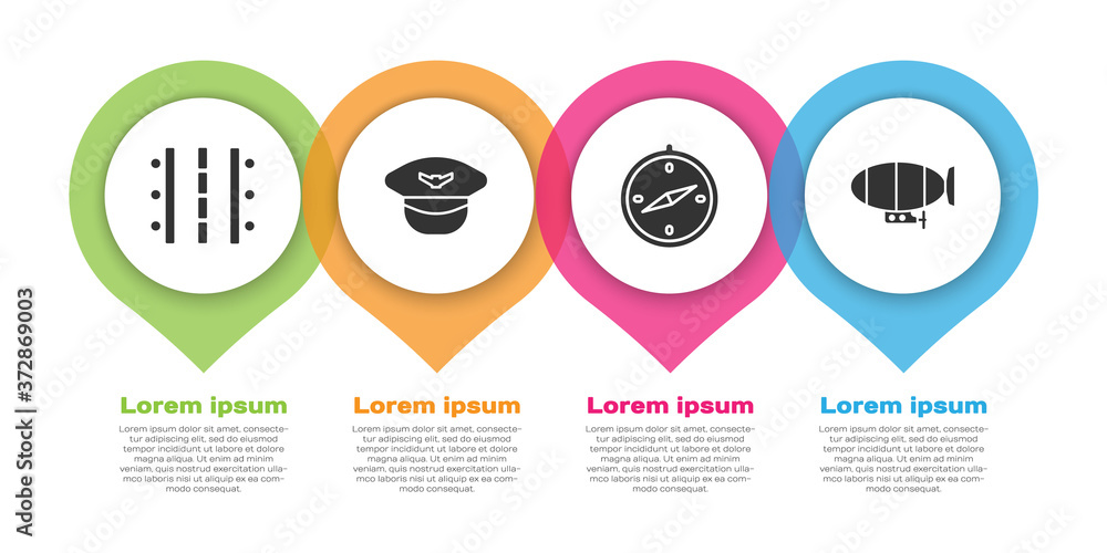 设置机场跑道、飞行员帽、指南针和飞艇。商业信息图模板。矢量。