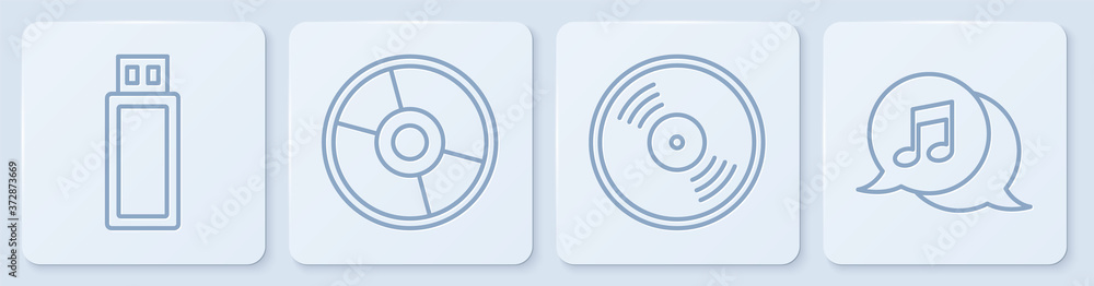 Set line USB flash drive, Vinyl disk, CD or DVD disk and Musical note in speech bubble. White square