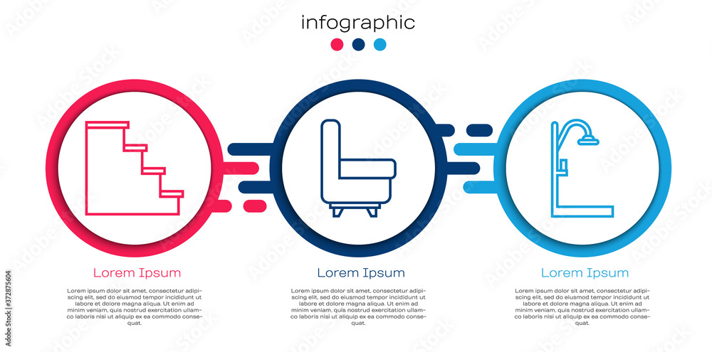 设置线楼梯、扶手椅和淋浴。商业信息图模板。矢量。