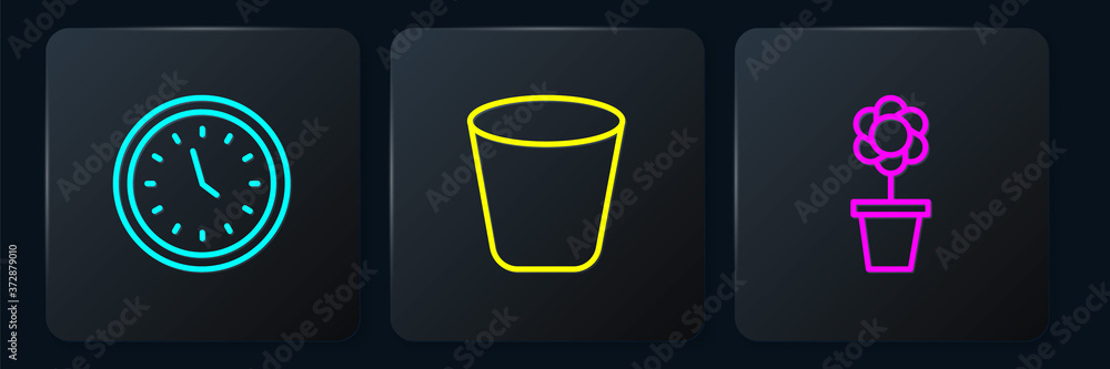 Set line Clock, Flower in pot and Trash can. Black square button. Vector.