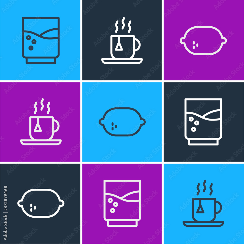 Set line Glass with water, Lemon and Cup of tea tea bag icon. Vector.