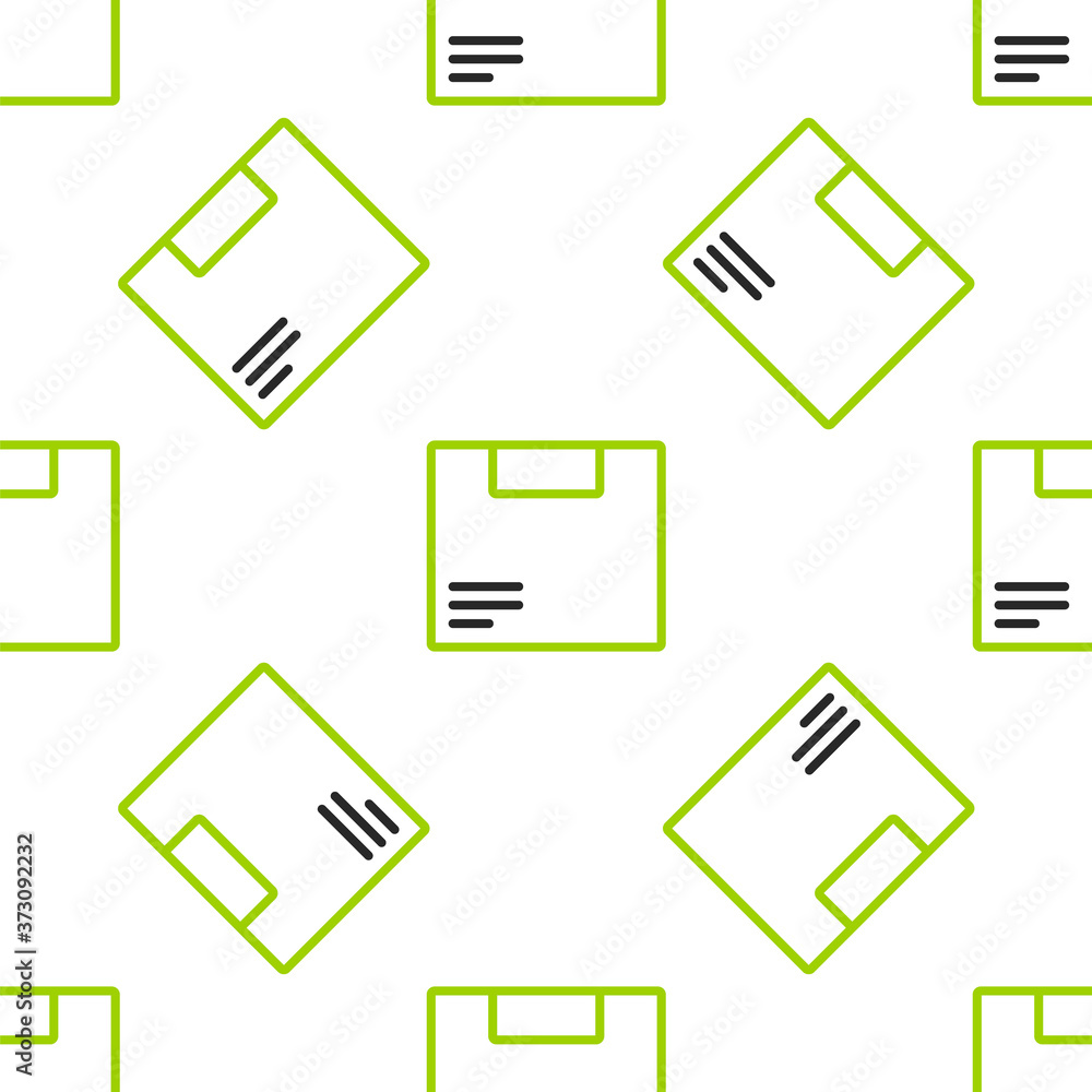 白色背景上的线条纸箱纸板箱图标隔离无缝图案。盒子，包裹，包裹