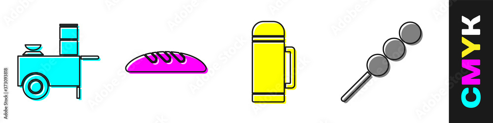 将快餐车、面包条、保温瓶和肉丸放在木棍图标上。矢量。