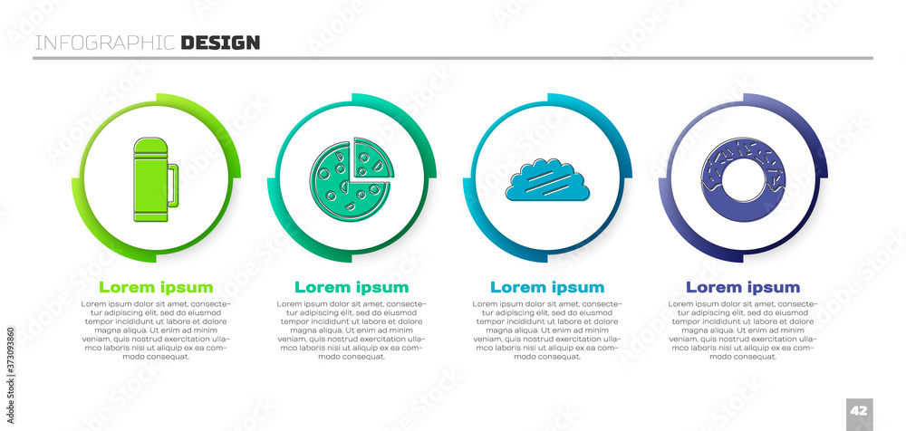 设置保温瓶、披萨、墨西哥玉米饼和甜甜圈。商业信息图模板。矢量。
