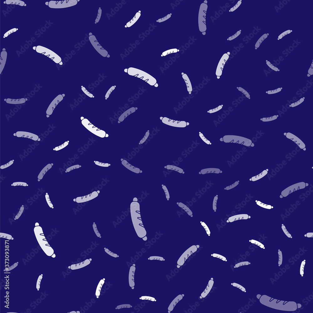 White Hotdog sandwich icon isolated seamless pattern on blue background. Sausage icon. Fast food sig