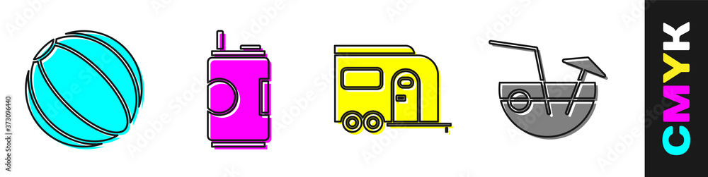 设置沙滩球、苏打罐、Rv露营拖车和椰子鸡尾酒图标。矢量。