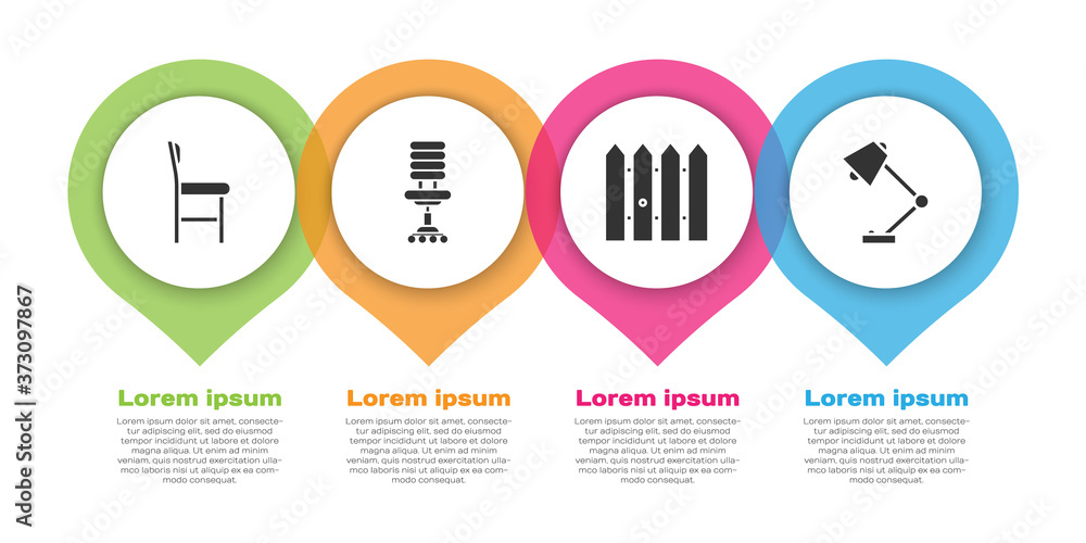 套装椅子，办公椅，花园围栏木制和台灯。商业信息图模板。矢量。
