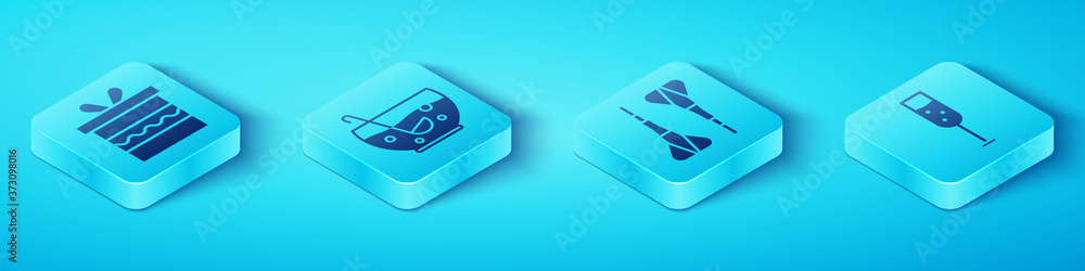 Set Isometric Gift box, Mixed punch in bowl, Glass of champagne and Dart arrow icon. Vector.