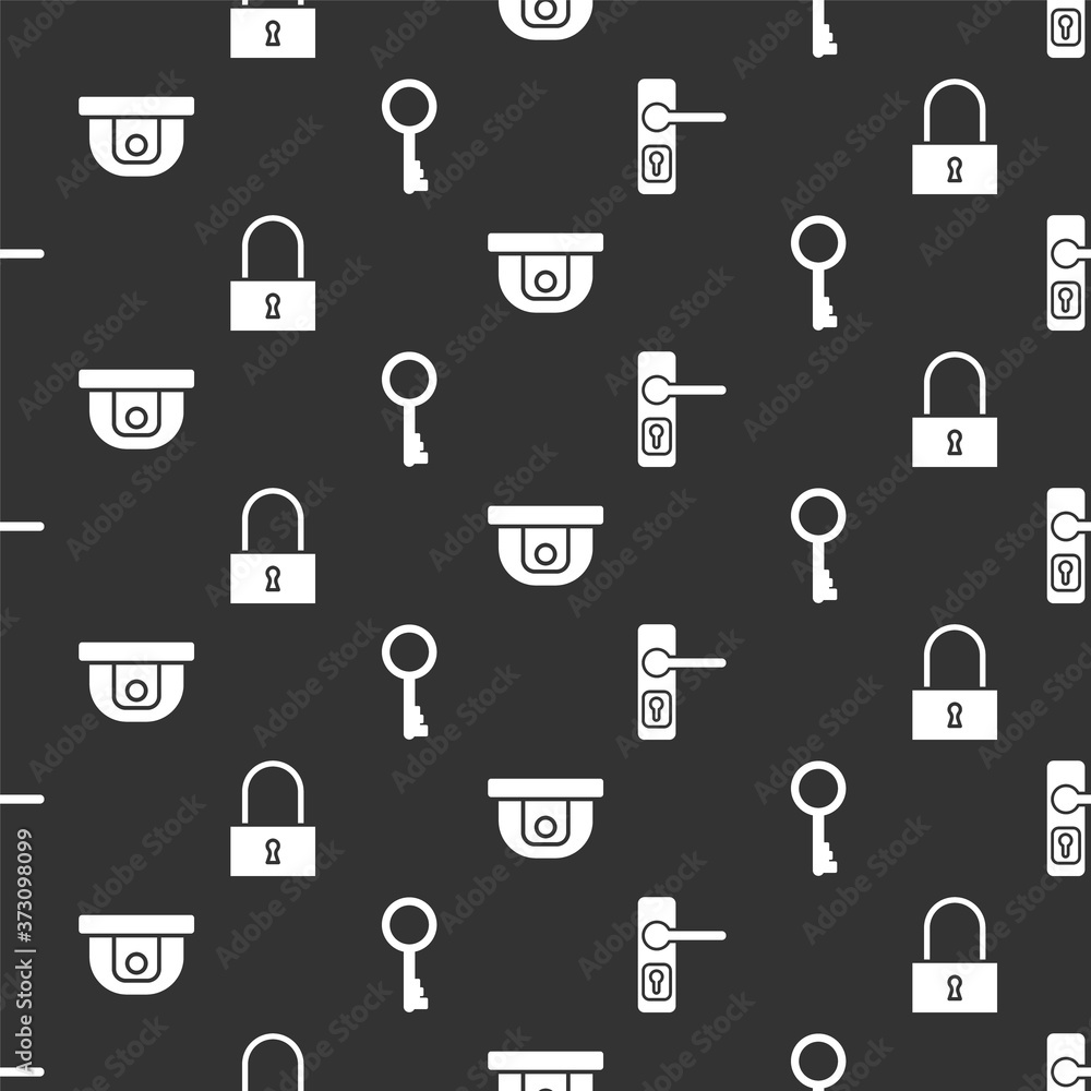 Set Door handle, Lock, Motion sensor and Old key on seamless pattern. Vector.