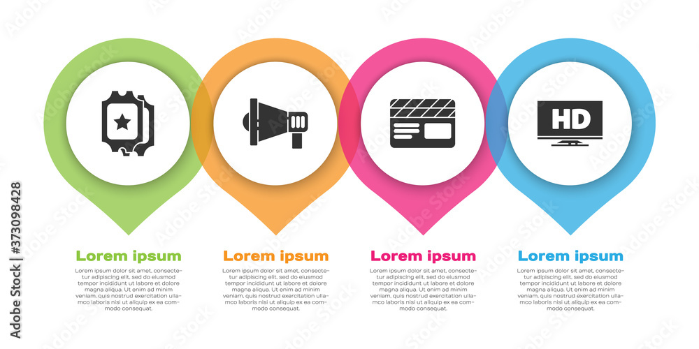 Set Cinema ticket, Megaphone, Movie clapper and Smart display with HD video. Business infographic te