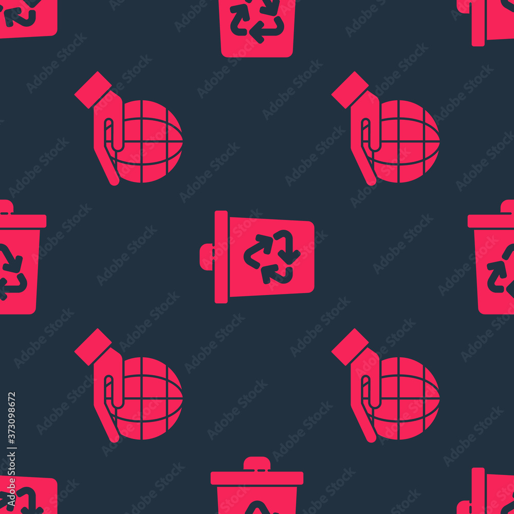 Set Hand holding Earth globe and Recycle bin with recycle on seamless pattern. Vector.