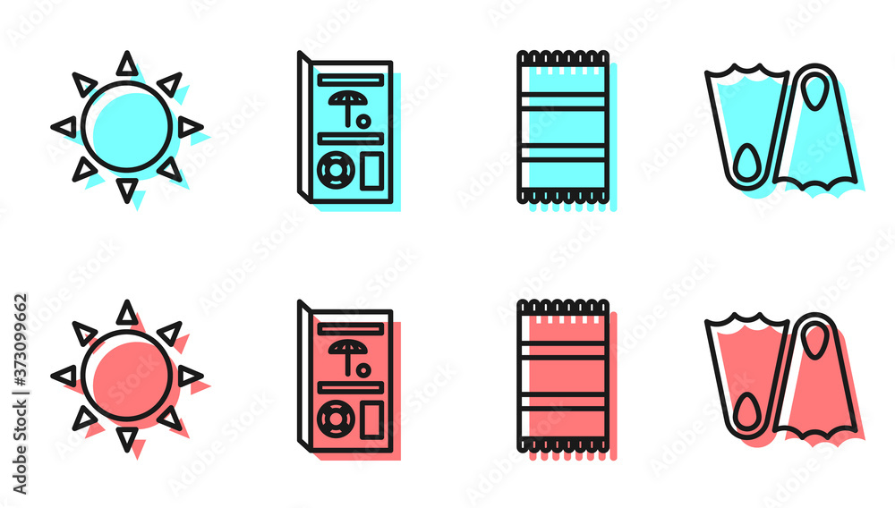 定线沙滩巾、太阳、旅游手册和橡胶脚蹼图标。矢量。