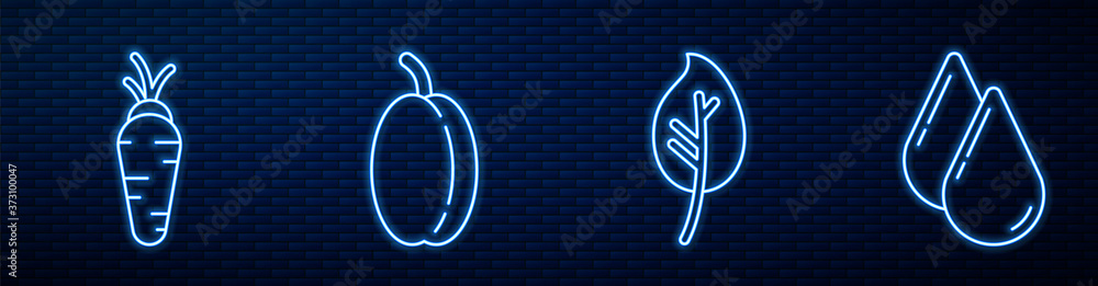 Set line Leaf or leaves, Carrot, Plum fruit, Water drop and Leaf or leaves. Glowing neon icon on bri