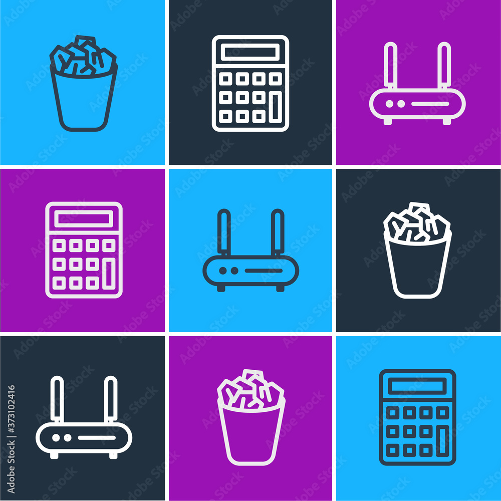 Set line Full trash can, Router and wi-fi signal and Calculator icon. Vector.