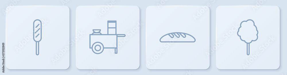 Set line Corn dog, Bread loaf, Fast street food cart and Cotton candy. White square button. Vector.