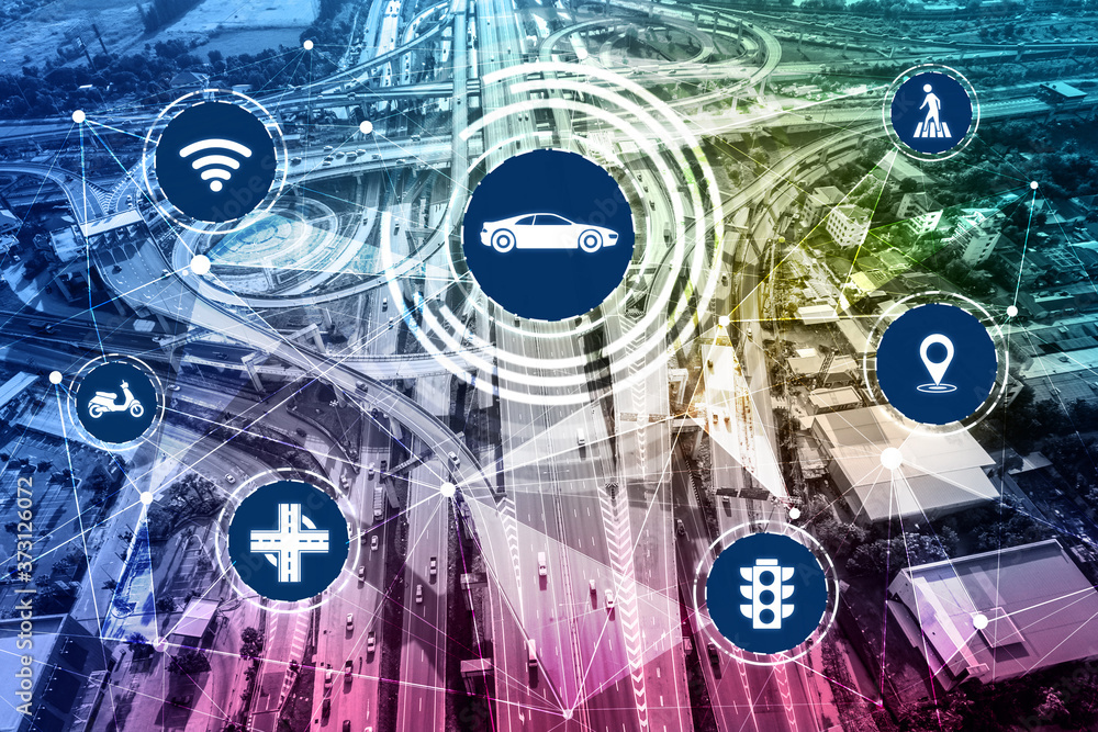 Smart transport technology concept for future car traffic on road . Virtual intelligent system makes