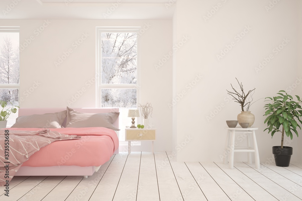 White stylish minimalist bedroom with winter landscape in window. Scandinavian interior design. 3D i