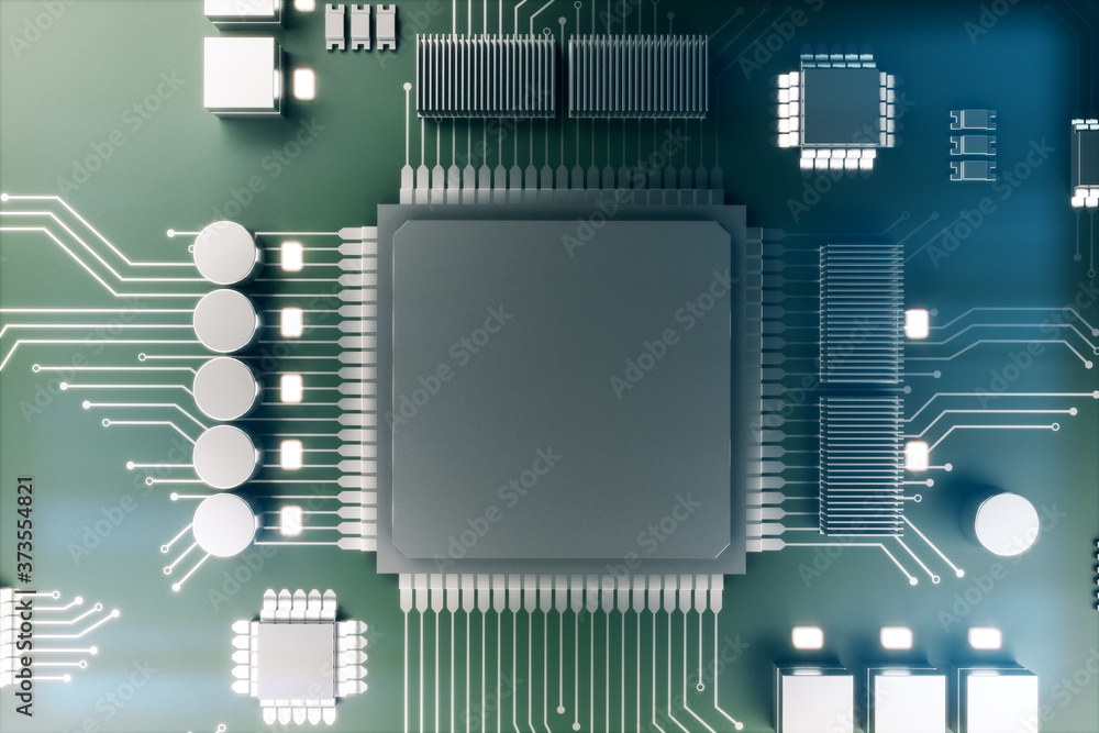 CPU microchip on motherboard.