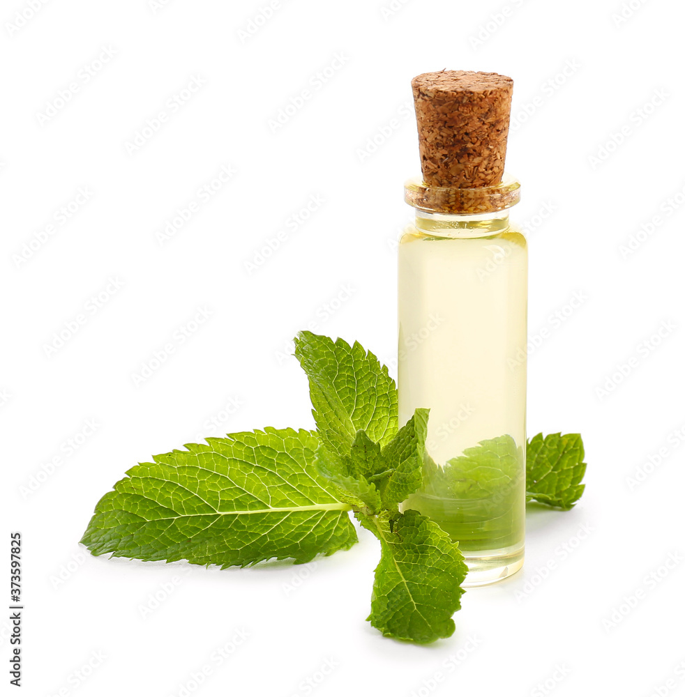 Aromatic mint oil on white background