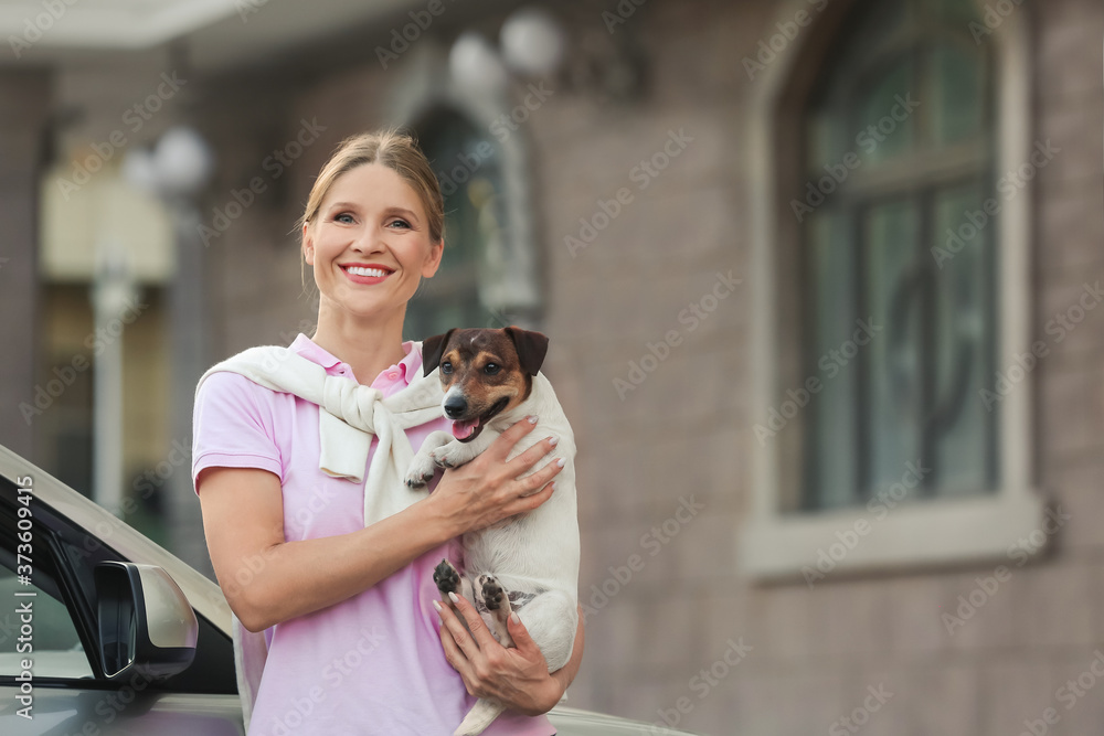 现代汽车附近的女人带着可爱的狗