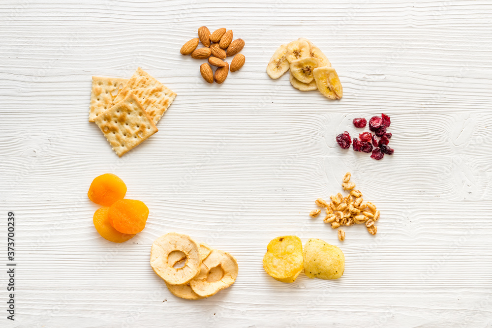 Frame of nuts overhead with dried fruits and other snacks top view