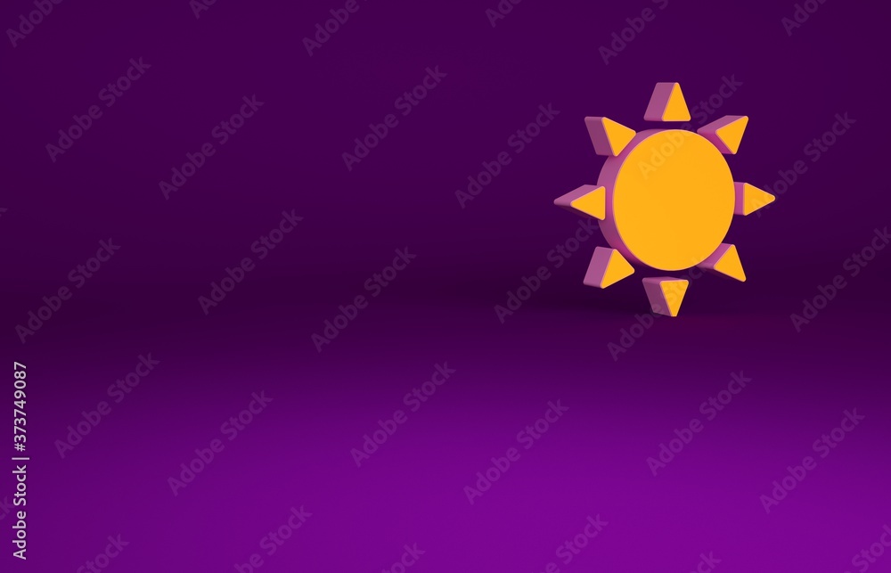 Orange Sun icon isolated on purple background. Summer symbol. Good sunny day. Minimalism concept. 3d