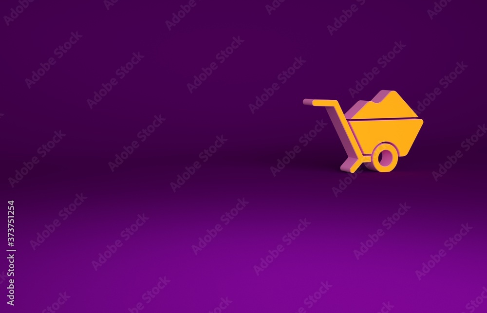 Orange Wheelbarrow with dirt icon isolated on purple background. Tool equipment. Agriculture cart wh