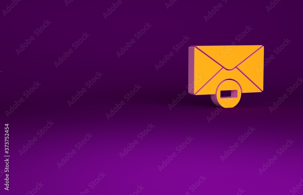 Orange Delete envelope icon isolated on purple background. Delete or error letter. Cross on message.