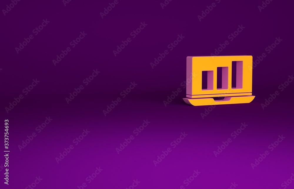 Orange Laptop with graph chart icon isolated on purple background. Report text file icon. Accounting