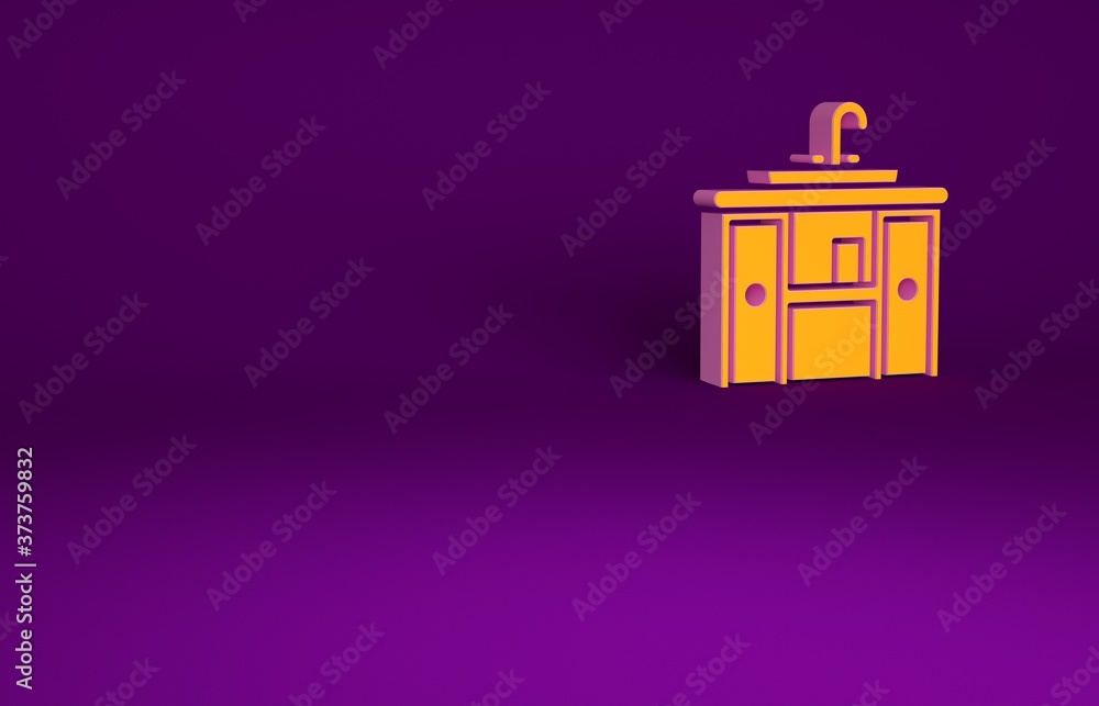 Orange Washbasin cabinet with water tap icon isolated on purple background. Minimalism concept. 3d i