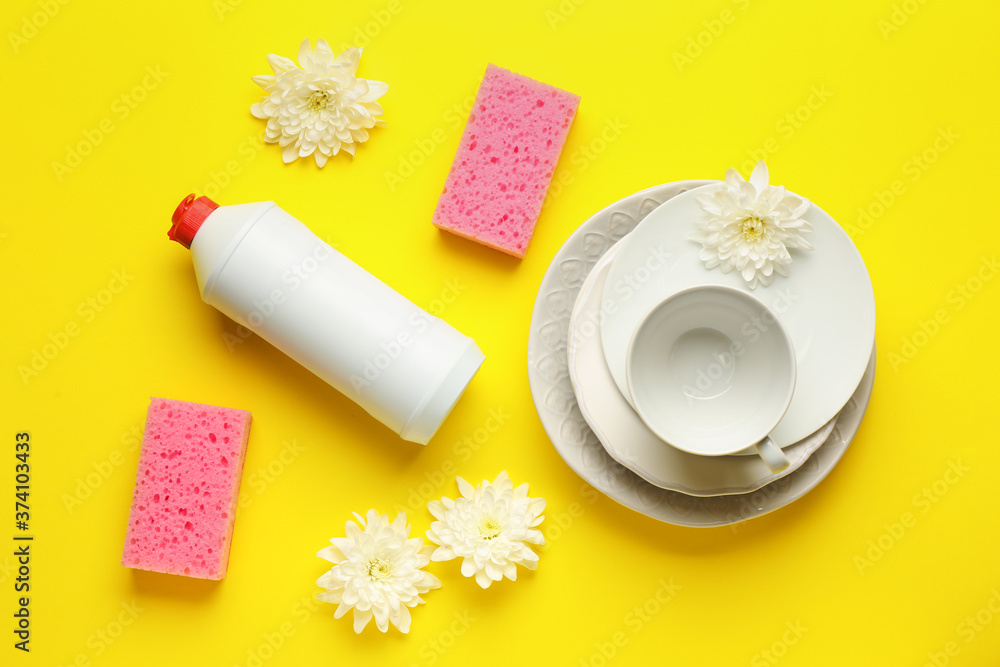 Composition with clean tableware on color background