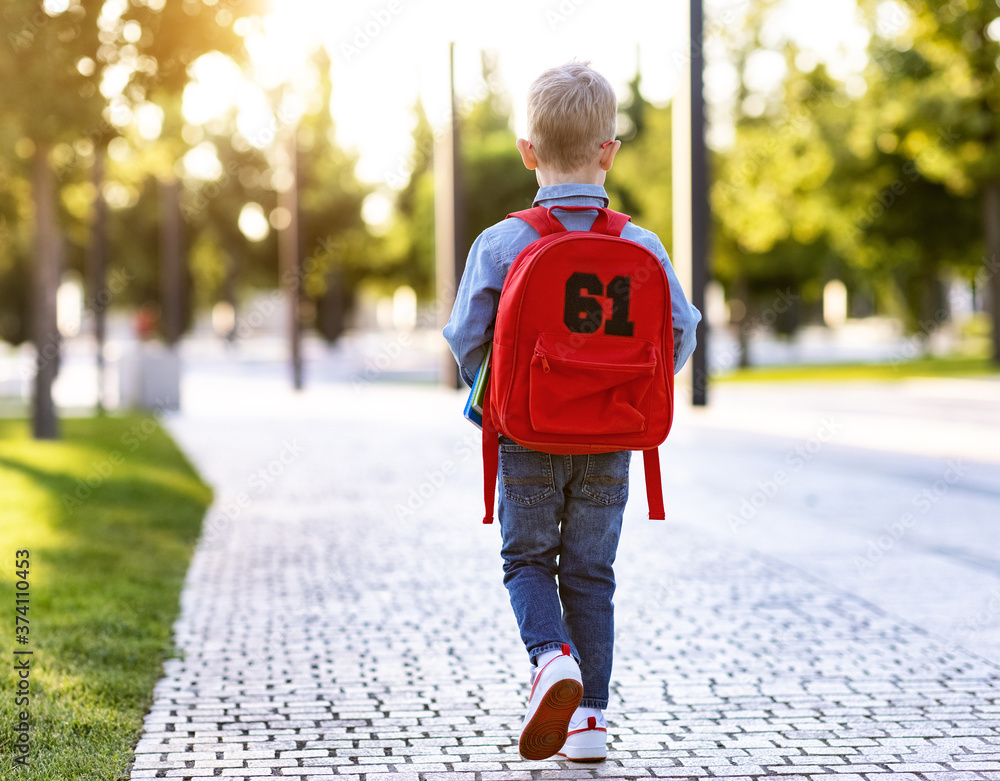 Back view of a boy going to school   in park.