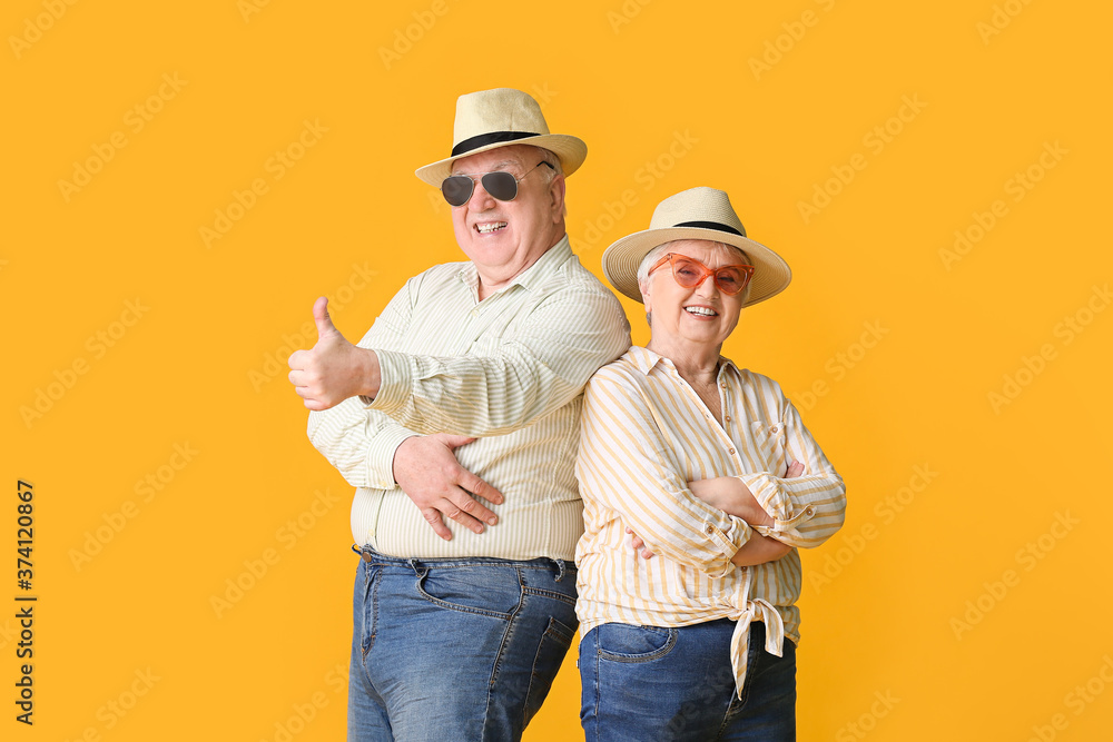 Happy senior couple on color background