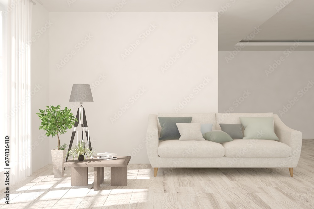 White living room with sofa. Scandinavian interior design. 3D illustration