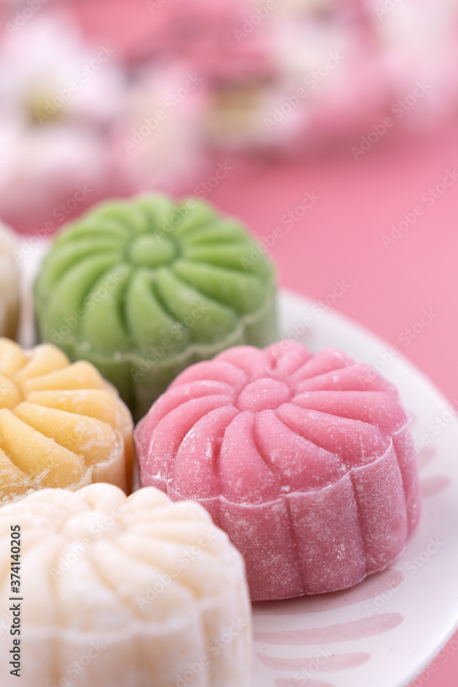 Colorful snow skin moon cake, sweet snowy mooncake, traditional savory dessert for Mid-Autumn Festiv