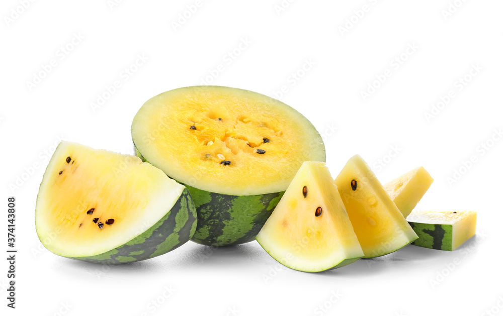 Cut yellow watermelon on white background